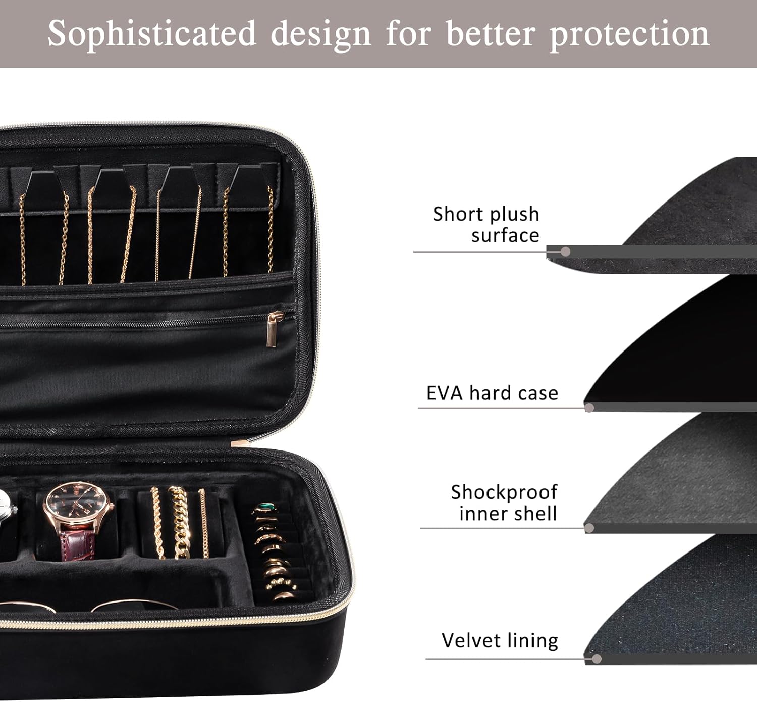 ProCase Mens Travel Jewelry Case, 3 Slots Watch Travel Case, Watch Accessories Carrying Case, Glasses Necklaces Rings Bracelets Zippered Organizer Bag for Men -Black - Image 5