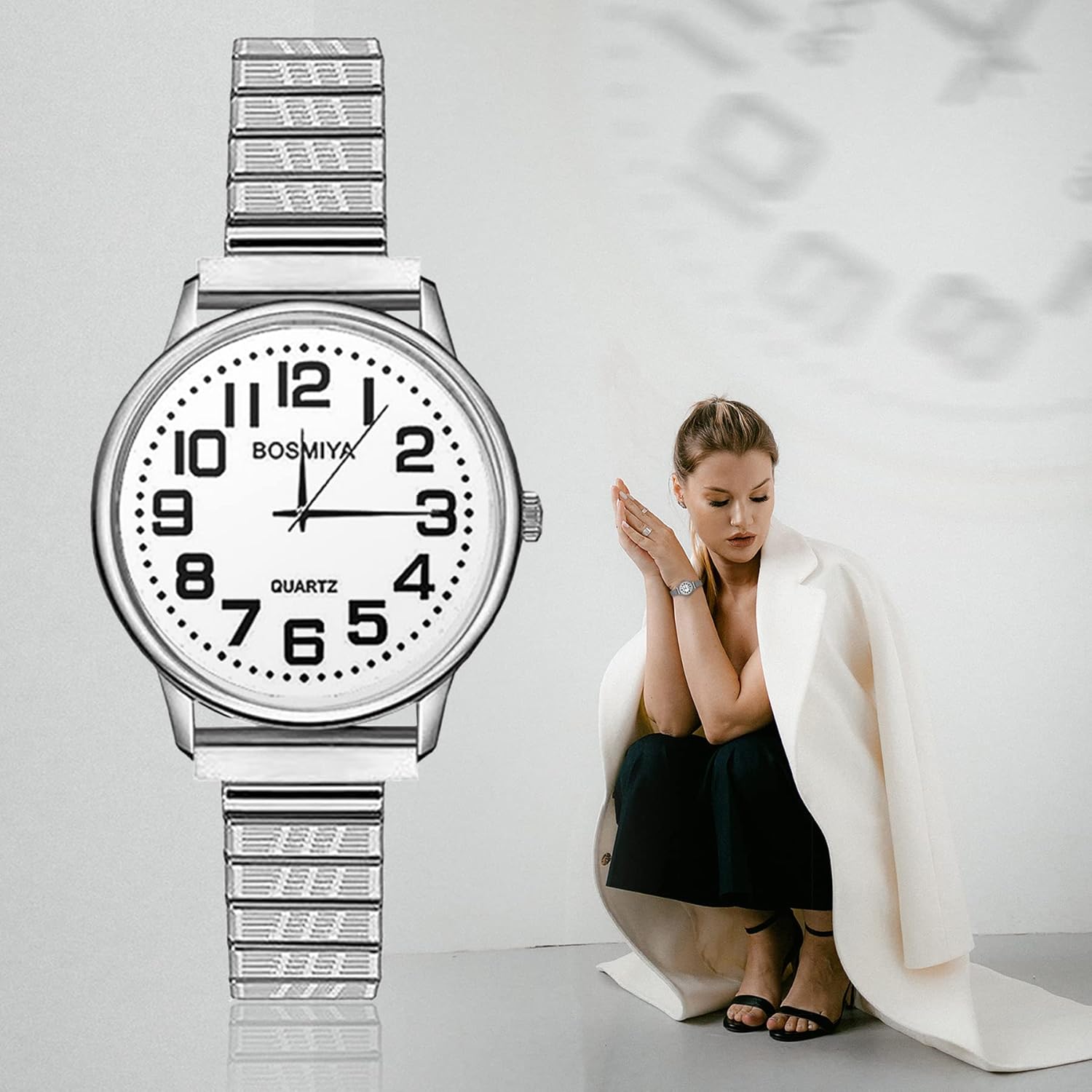 JewelryWe Women's Easy Reader Analog Watch Gold Silver Plated Elastic Band Wristwatch for Valentines Day - Image 7