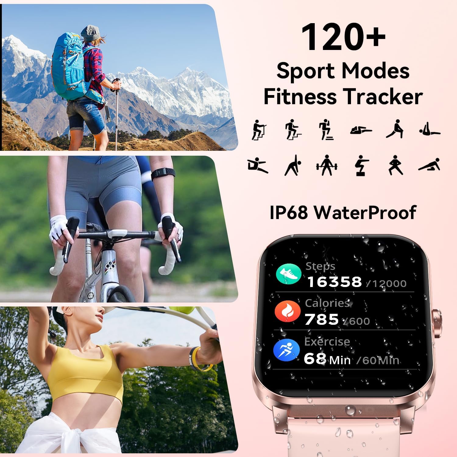 Smart Watch for Men Women, 1.85" HD Touch Screen with Bluetooth Calling, 120+ Sports Modes, Heart Rate/Sleep/SpO2 Monitor, IP68 Waterproof, Compatible with iOS/Android (Pink) - Image 4