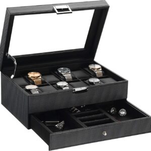 BEWISHOME Watch Box Organizer with Valet Drawer – Real Glass Top, Adjustable Tray, Metal Hinge, Carbon Fiber Design – 12 Slots Watch Storage Case for Men, Black SSH02C BEWISHOME Watch Box Organizer with Valet Drawer – Real Glass Top, Adjustable Tray, Metal Hinge, Carbon Fiber Design – 12 Slots Watch Storage Case for Men, Black SSH02C