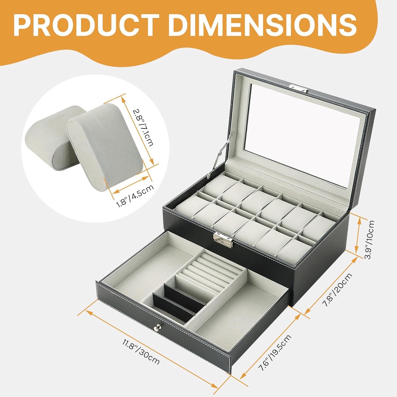 NATGAI 12-Slot Watch Box with Jewelry Drawer | Lockable PU Leather Watch Organizer, Elegant Watch Display Case with Clear Lid and Double Layers, Ideal for Men & Women (Black) - Image 2