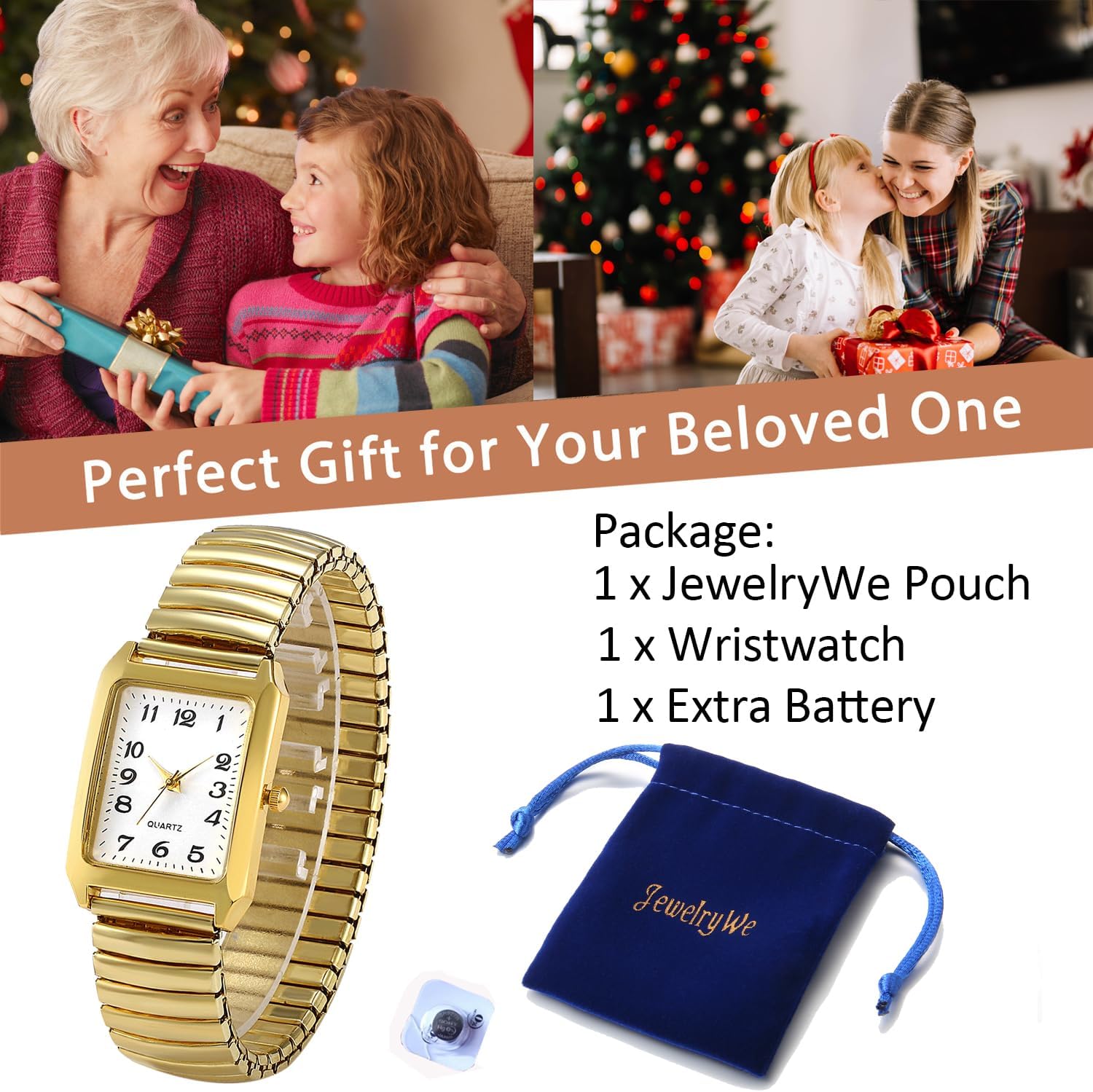 JewelryWe Women's Ultra Thin Easy Reader Watch with Elastic Strap, Golden/Silver Square Watch for Valentines Day - Image 3