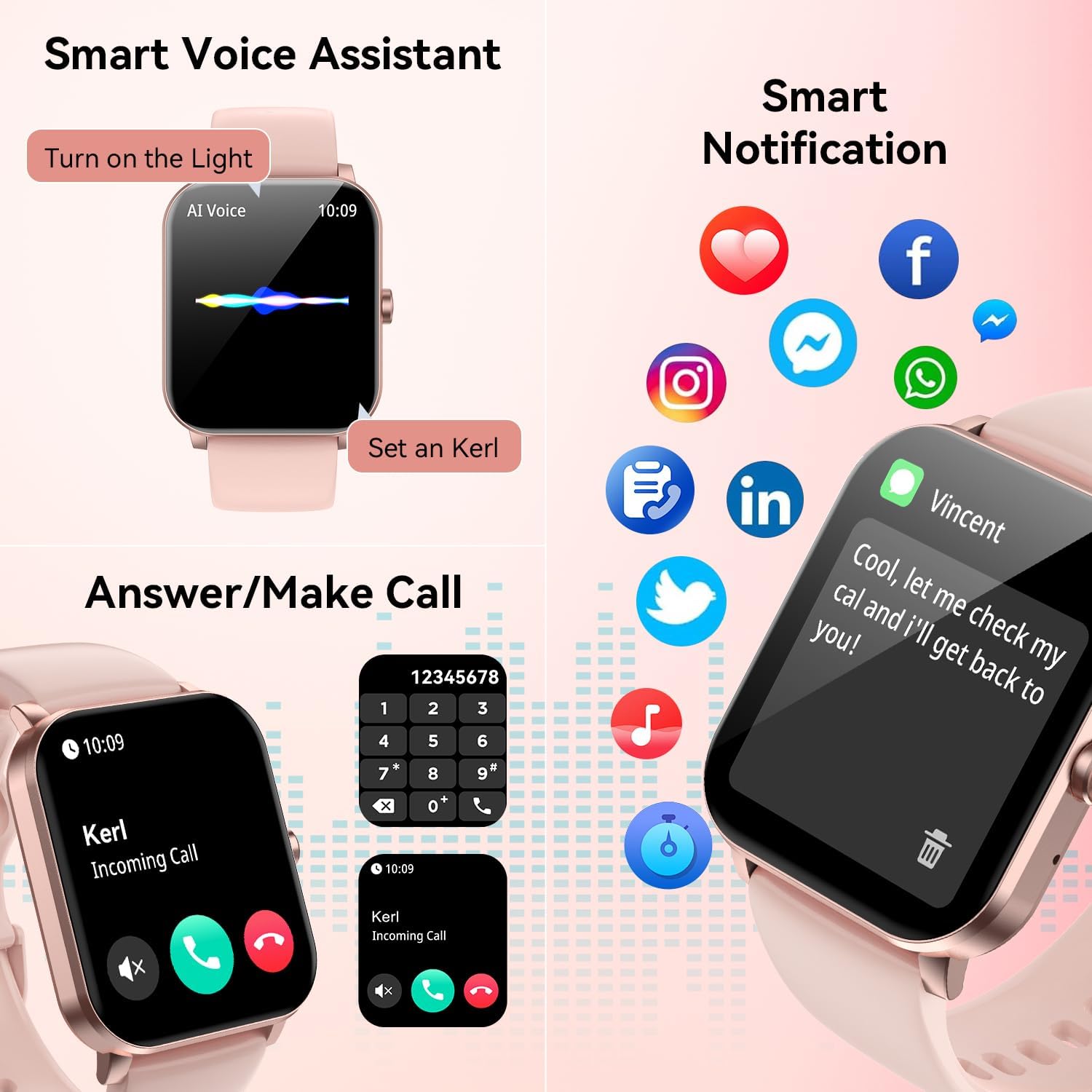 Smart Watch for Men Women, 1.85" HD Touch Screen with Bluetooth Calling, 120+ Sports Modes, Heart Rate/Sleep/SpO2 Monitor, IP68 Waterproof, Compatible with iOS/Android (Pink) - Image 2