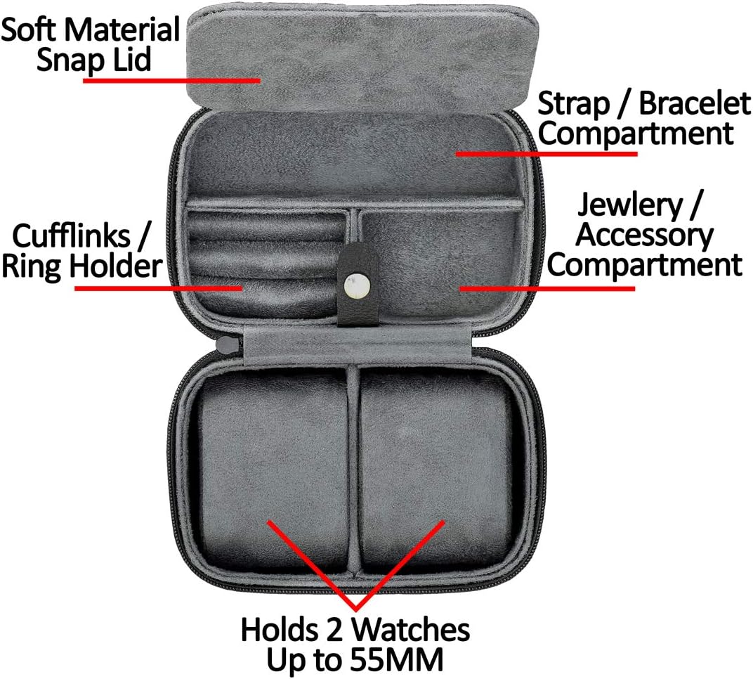 ROTHWELL 2 Watch Travel Case Storage Organizer for 2 Watches | Tough Portable Protection w/Zipper Fits All Wristwatches & Smart Watches Up to 50mm (Black/Grey) - Image 2
