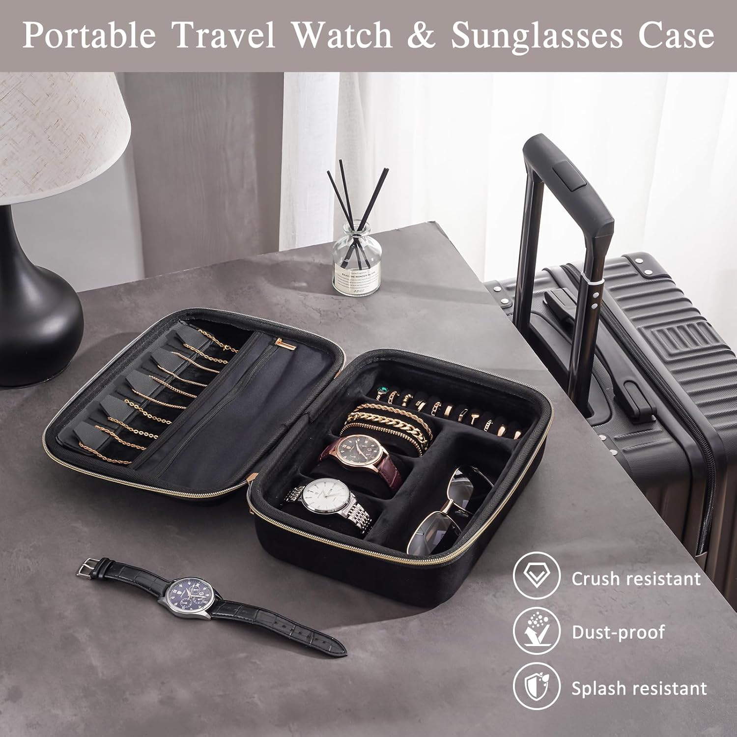 ProCase Mens Travel Jewelry Case, 3 Slots Watch Travel Case, Watch Accessories Carrying Case, Glasses Necklaces Rings Bracelets Zippered Organizer Bag for Men -Black - Image 4