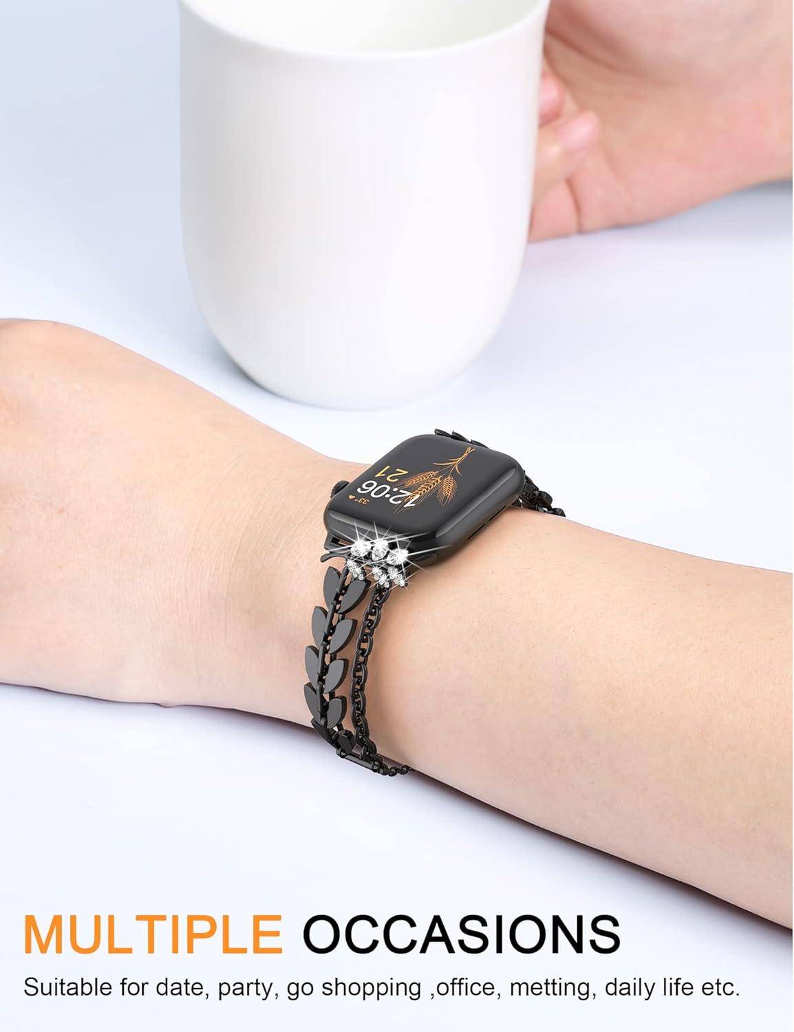 Wearlizer Wheat Ear Bracelet Compatible with Apple Watch Bands 40/38/41/42mm Women, Bling Diamond Charms iWatch Bands Stylish Dressy Metal Strap for Apple Watch Series 10 9 8 7 6 5 4 3 2 1 SE, Black - Image 6