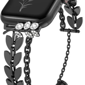 Wearlizer Wheat Ear Bracelet Compatible with Apple Watch Bands 40/38/41/42mm Women, Bling Diamond Charms iWatch Bands Stylish Dressy Metal Strap for Apple Watch Series 10 9 8 7 6 5 4 3 2 1 SE, Black