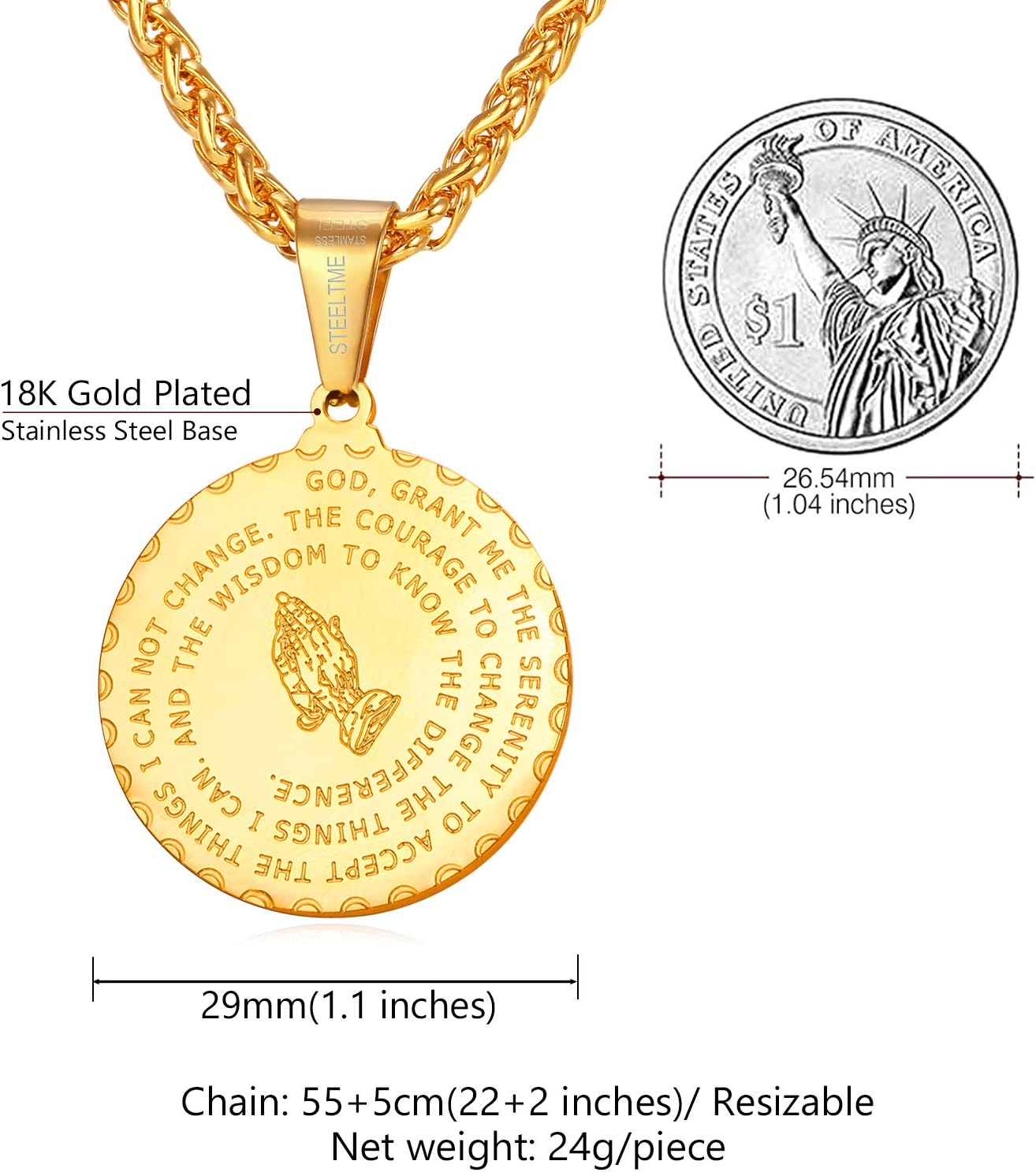 U7 Bible Verse Prayer Necklace, Round Medallion Pendant, Stainless Steel 18K Gold Plated Christian Jewelry, Crucifix Cross Pendant, Lords Prayer Necklace for Men Women - Image 5
