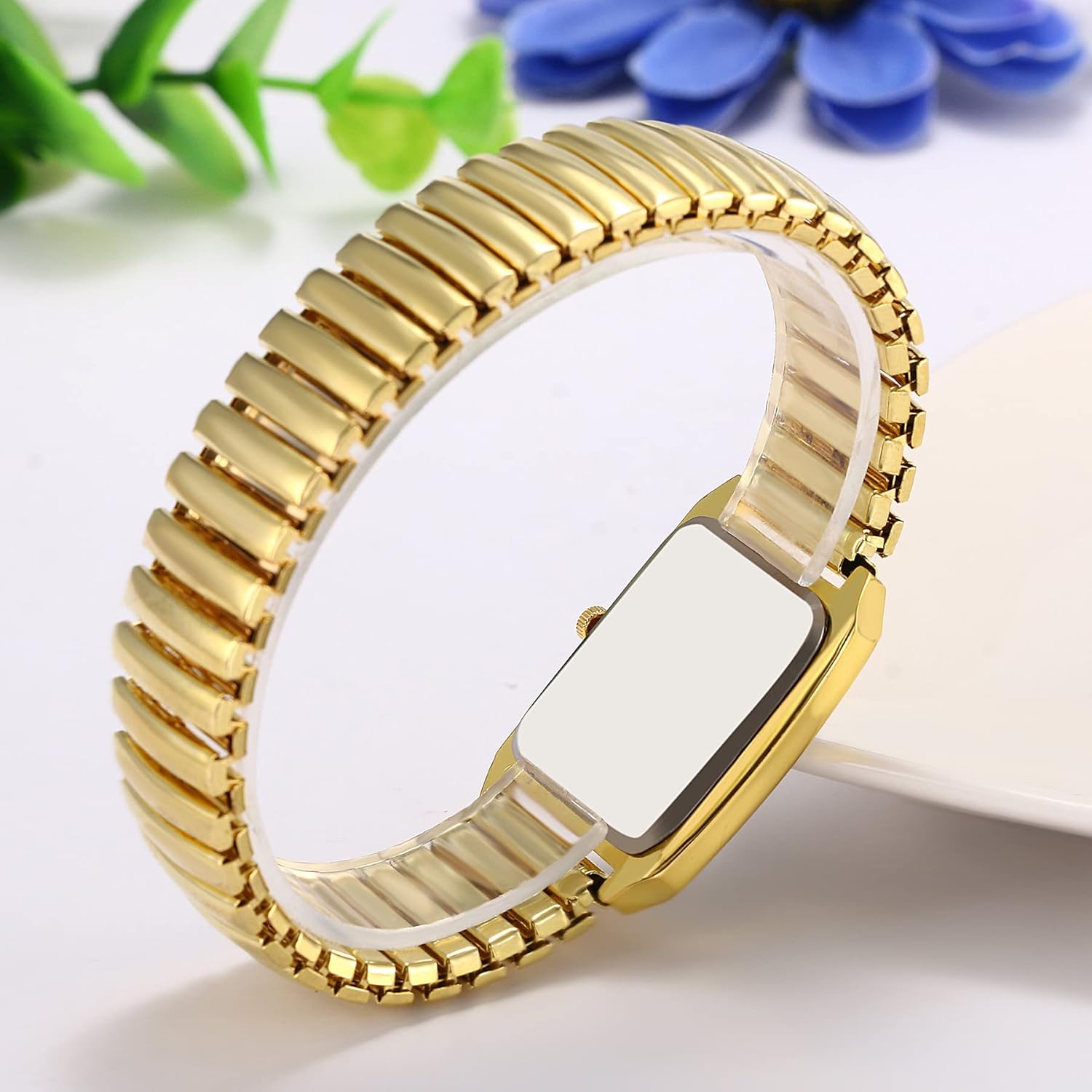 JewelryWe Women's Ultra Thin Easy Reader Watch with Elastic Strap, Golden/Silver Square Watch for Valentines Day - Image 4