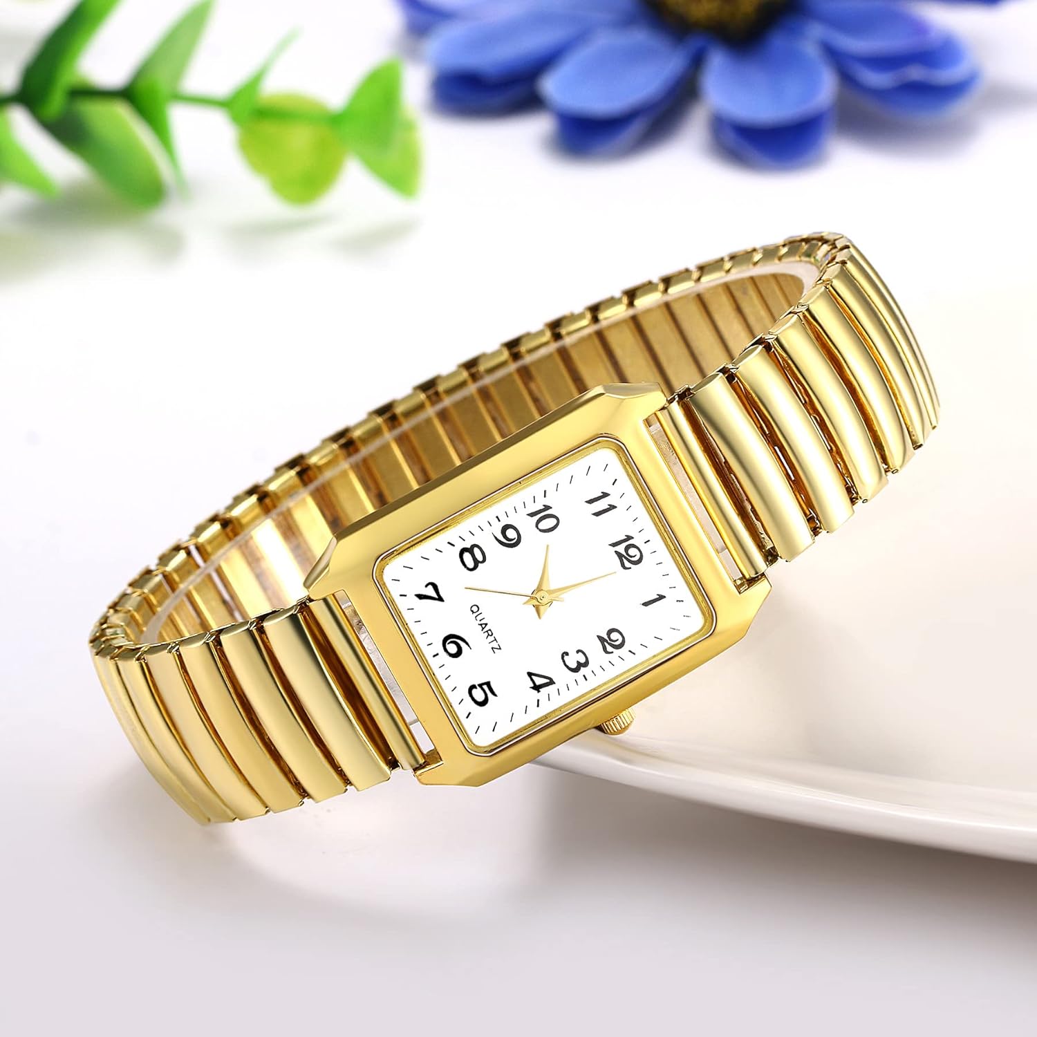 JewelryWe Women's Ultra Thin Easy Reader Watch with Elastic Strap, Golden/Silver Square Watch for Valentines Day - Image 5