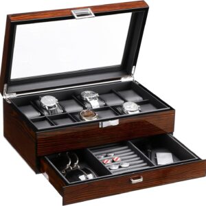 BEWISHOME 12 Watch Box with Valet Drawer, Luxury Watch Case,Watch Organizer for Mens Accessories with Real Glass Top,Metal Hinge, Brown SSH02Y BEWISHOME 12 Watch Box with Valet Drawer, Luxury Watch Case,Watch Organizer for Mens Accessories with Real Glass Top,Metal Hinge, Brown SSH02Y