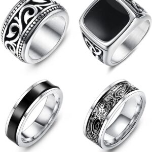 Adramata 4Pcs Stainless Steel Signet Rings for Men Vintage Biker Rings Set Silver Spinner Ring Gold Band Pinky Thumb Rings Men’s Ring for Dad Father Jewelry Gift