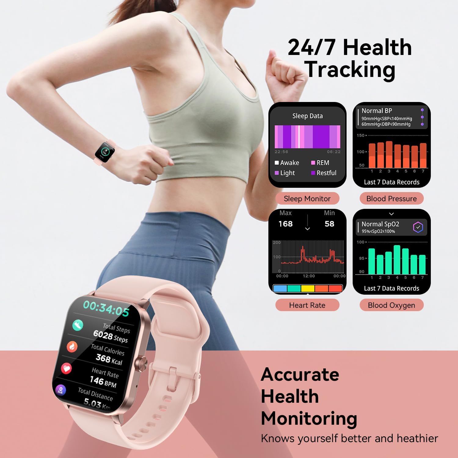 Smart Watch for Men Women, 1.85" HD Touch Screen with Bluetooth Calling, 120+ Sports Modes, Heart Rate/Sleep/SpO2 Monitor, IP68 Waterproof, Compatible with iOS/Android (Pink) - Image 3