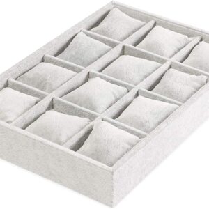 Watch Jewelry Tray Organizer Bracelet Display Showcase 12 Grid Pillows Tray Jewelry Storage Holder Grey Velvet Gifts for Men Women Girls