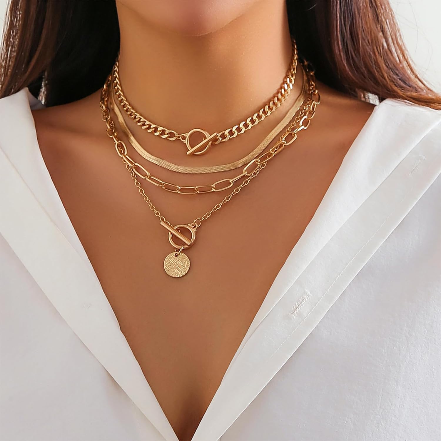 Necklaces for Women Gold Necklace Women Layered Necklace for Women Pearl Coin Charm Necklace Stackable Paperclip Chain Necklace Dainty Gold Necklace Stack Gold Jewelry Gifts for Women - Image 2