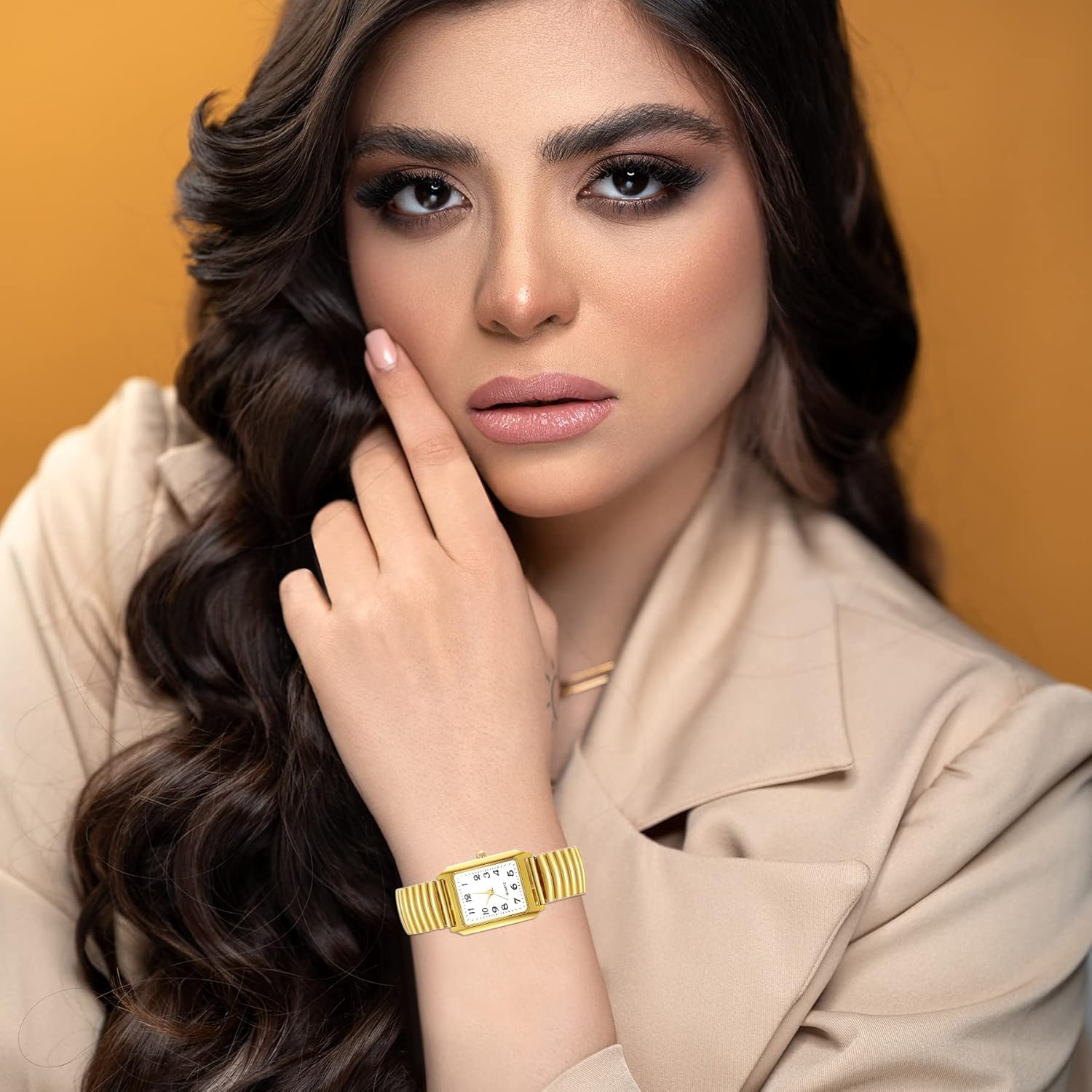 JewelryWe Women's Ultra Thin Easy Reader Watch with Elastic Strap, Golden/Silver Square Watch for Valentines Day - Image 2