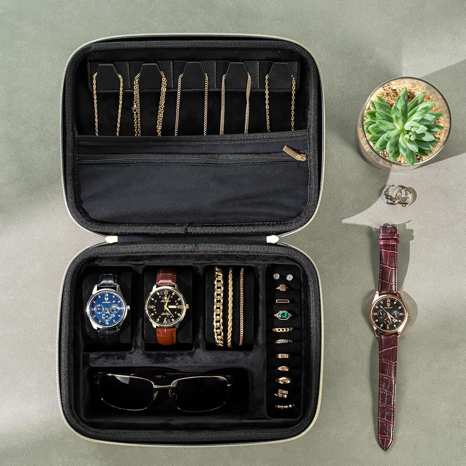 ProCase Mens Travel Jewelry Case, 3 Slots Watch Travel Case, Watch Accessories Carrying Case, Glasses Necklaces Rings Bracelets Zippered Organizer Bag for Men -Black - Image 7