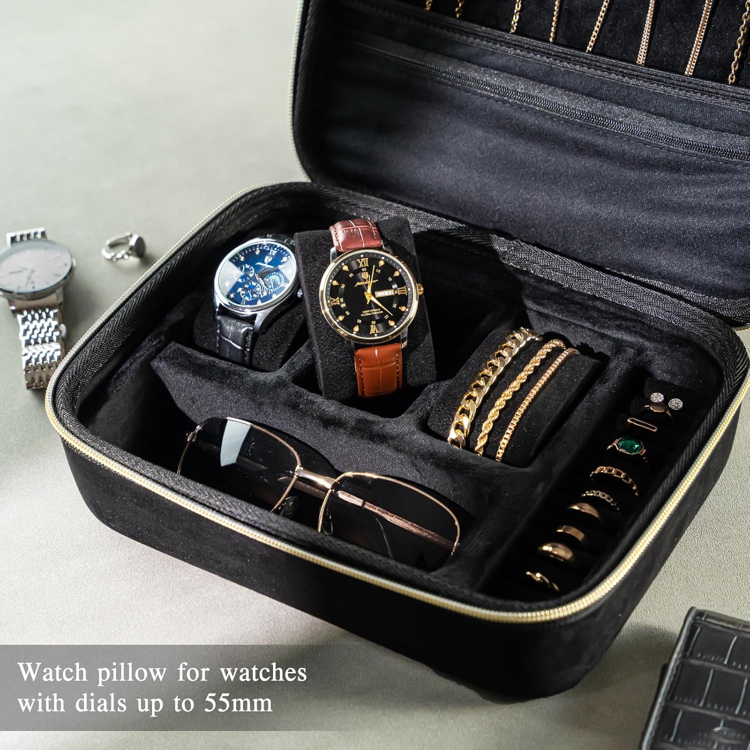 ProCase Mens Travel Jewelry Case, 3 Slots Watch Travel Case, Watch Accessories Carrying Case, Glasses Necklaces Rings Bracelets Zippered Organizer Bag for Men -Black - Image 2