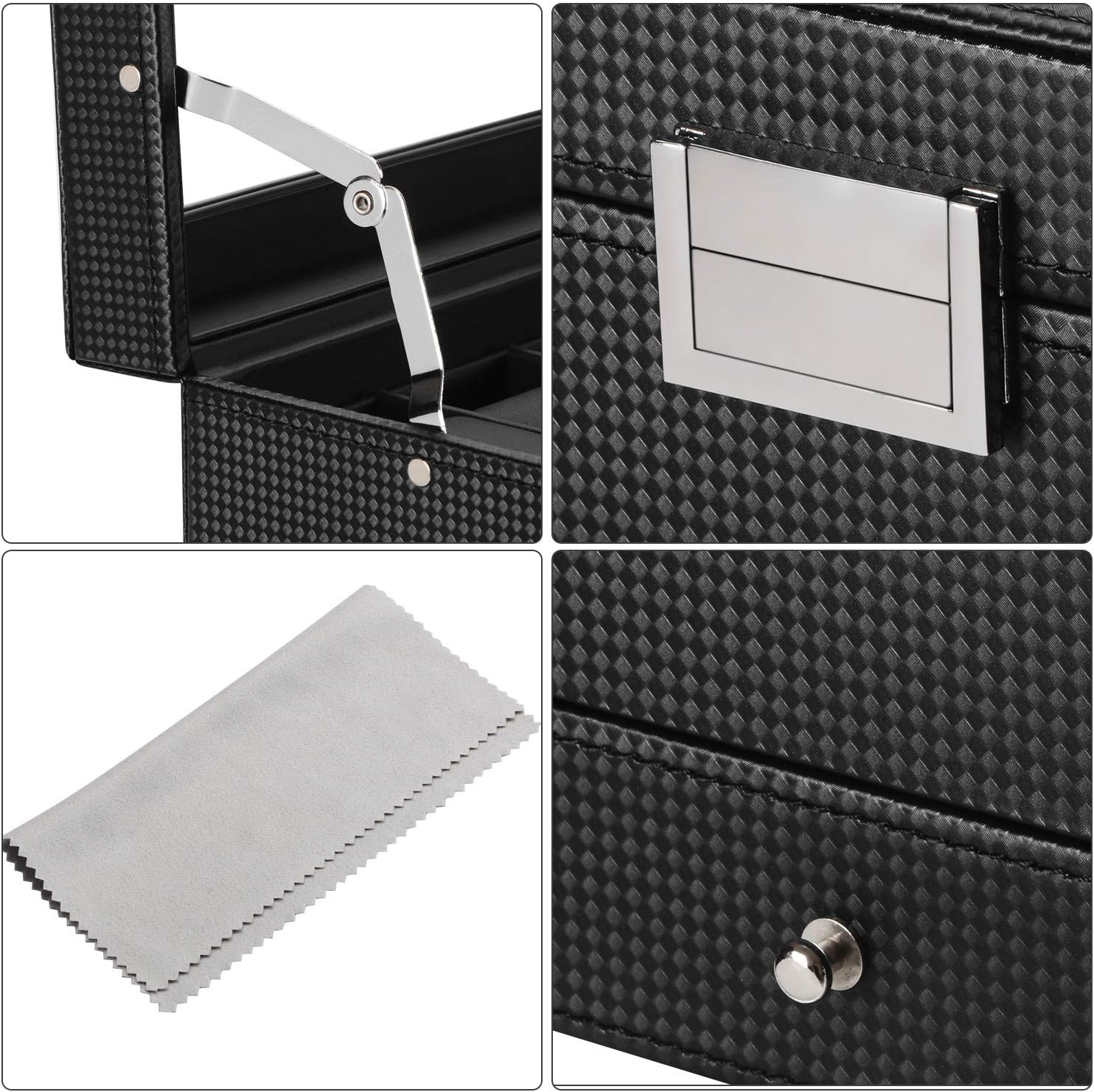 BEWISHOME Watch Box Organizer with Valet Drawer - Real Glass Top, Adjustable Tray, Metal Hinge, Carbon Fiber Design - 12 Slots Watch Storage Case for Men, Black SSH02C - Image 8