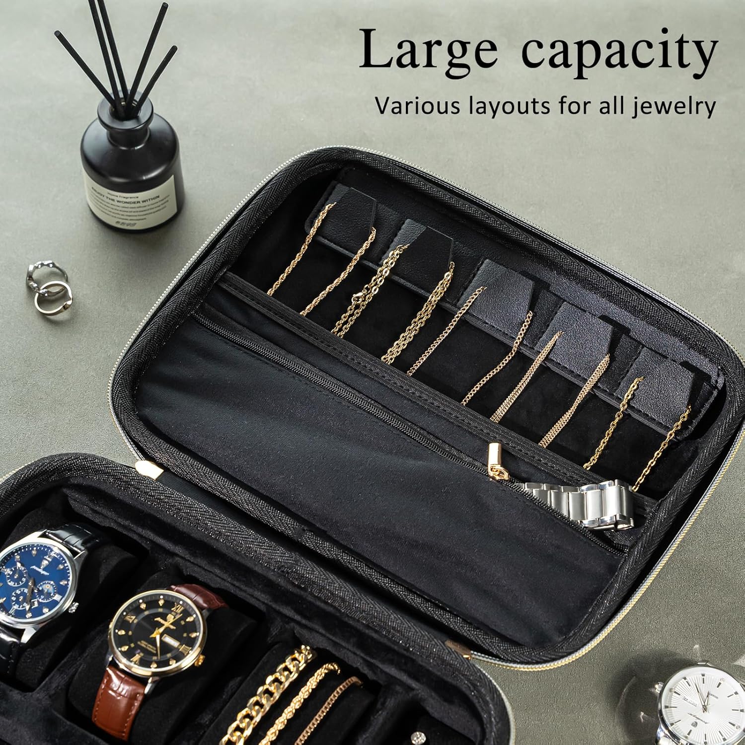 ProCase Mens Travel Jewelry Case, 3 Slots Watch Travel Case, Watch Accessories Carrying Case, Glasses Necklaces Rings Bracelets Zippered Organizer Bag for Men -Black - Image 3