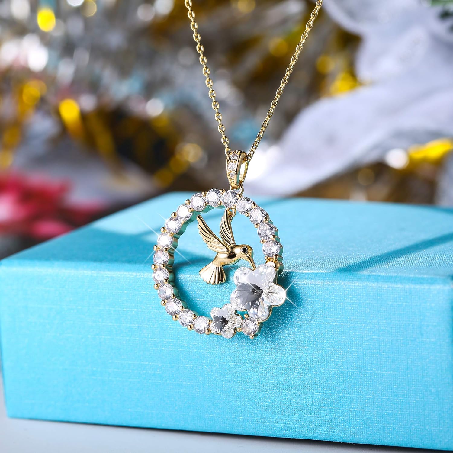 Sllaiss 18K Gold Plated Hummingbird Pendant Necklace for Women Circle Necklace, Animal Necklace Crystals from Austria,Jewelry Gifts for Christmas - Image 2
