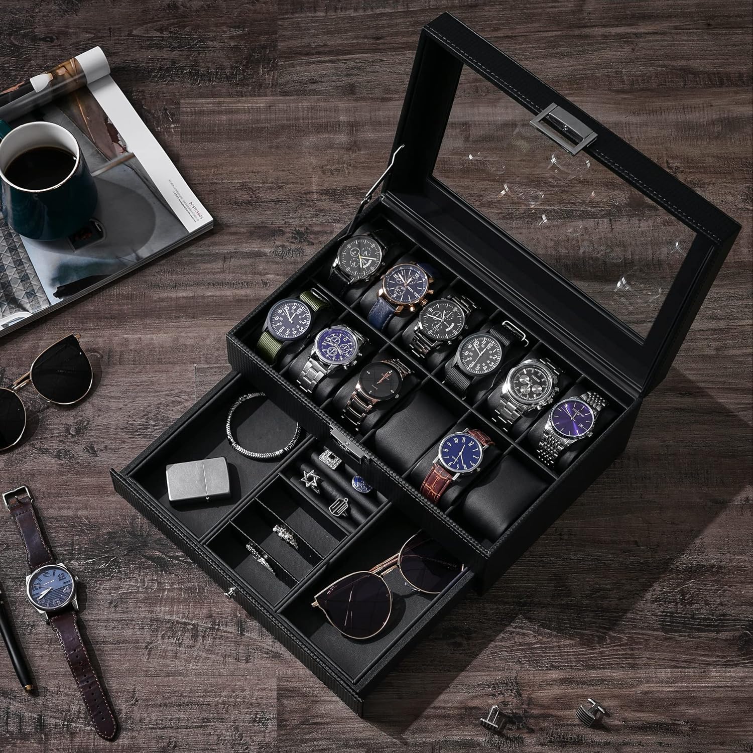 BEWISHOME Watch Box Organizer with Valet Drawer - Real Glass Top, Adjustable Tray, Metal Hinge, Carbon Fiber Design - 12 Slots Watch Storage Case for Men, Black SSH02C - Image 4