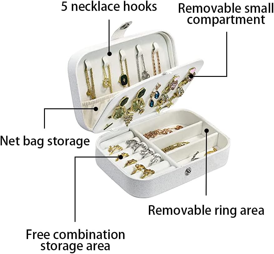 Jewelry Box Organizer, FOME Double Layer PU Leather Small Jewelry Travel Case PU Leather Jewelry Storage Case for Rings Earrings Necklace Bracelets Jewelry Gift for Women (White) - Image 3