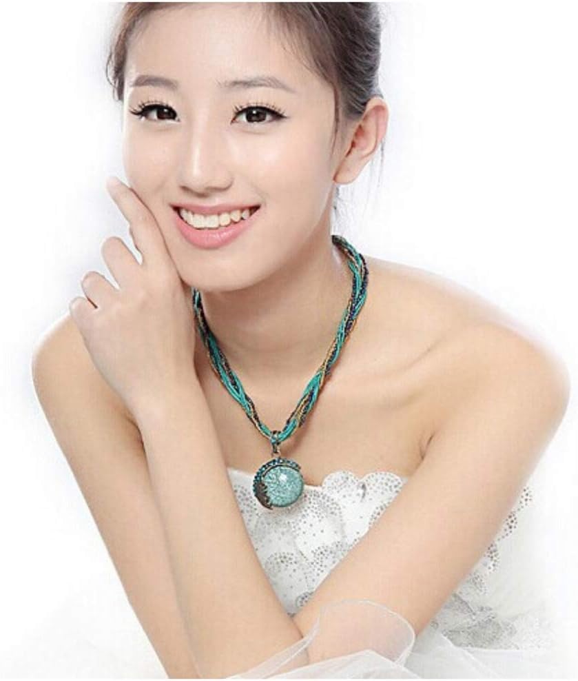 Harlorki Women Lady Handmade Retro Vintage Bohemian Style Twist Woven Rope Chain Turquoise Rhinestone Pendant Collar Necklace Fashion Jewelry, Large, Metal, No Gemstone - Image 2