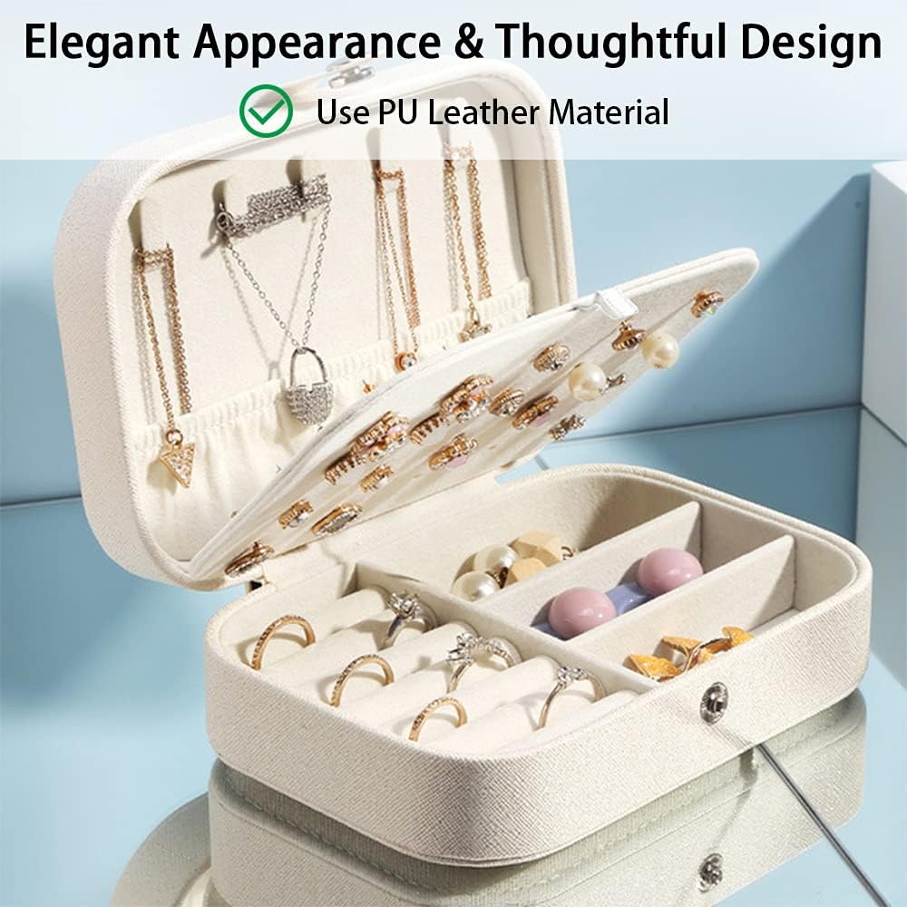 Jewelry Box Organizer, FOME Double Layer PU Leather Small Jewelry Travel Case PU Leather Jewelry Storage Case for Rings Earrings Necklace Bracelets Jewelry Gift for Women (White) - Image 6