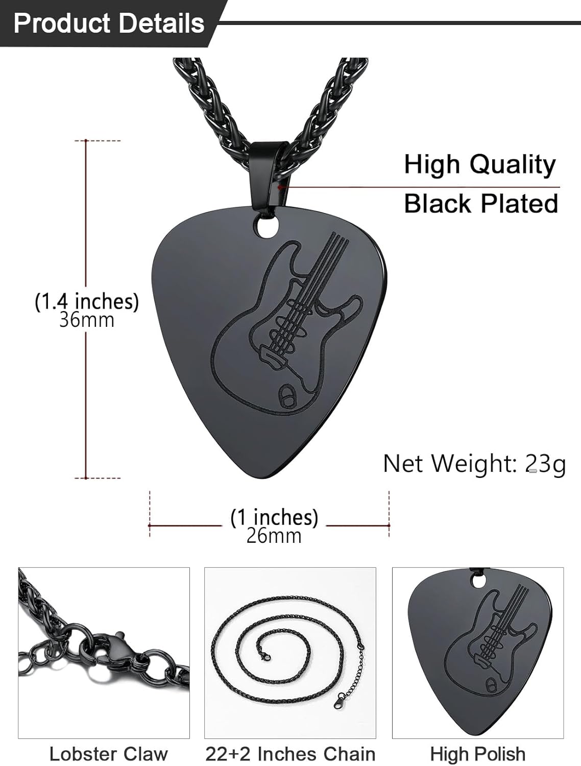 U7 Men Women Guitar Pick Necklace with Adjustable Chain Stainless Steel Guitar/Bass/Guitar Pick Jewelry - Image 4
