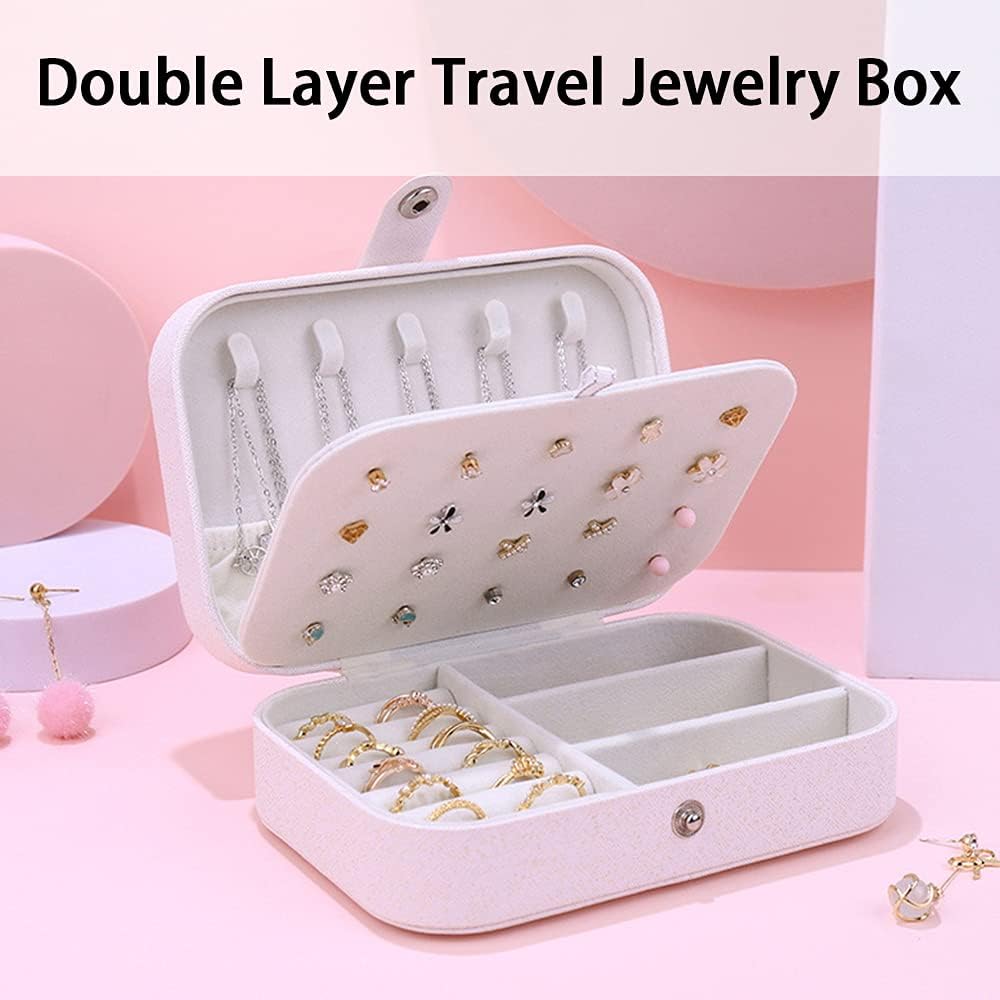 Jewelry Box Organizer, FOME Double Layer PU Leather Small Jewelry Travel Case PU Leather Jewelry Storage Case for Rings Earrings Necklace Bracelets Jewelry Gift for Women (White) - Image 5