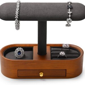 Oirlv Wooden Watch Display Stand with Drawers T-bar Jewelry Accessory Showcase Solid Wood Watch Storage Organizer Jewellry Bracelet Rack(Grey)