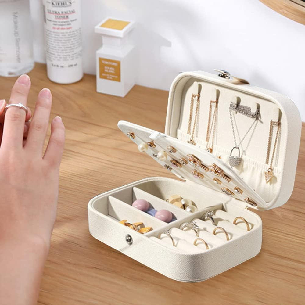 Jewelry Box Organizer, FOME Double Layer PU Leather Small Jewelry Travel Case PU Leather Jewelry Storage Case for Rings Earrings Necklace Bracelets Jewelry Gift for Women (White) - Image 7