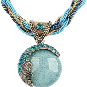 Harlorki Women Lady Handmade Retro Vintage Bohemian Style Twist Woven Rope Chain Turquoise Rhinestone Pendant Collar Necklace Fashion Jewelry, Large, Metal, No Gemstone