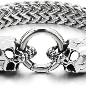 Gothic Mens Stainless Steel Skull Franco Link Curb Chain Bracelet with Spring Ring Clasp(CA)