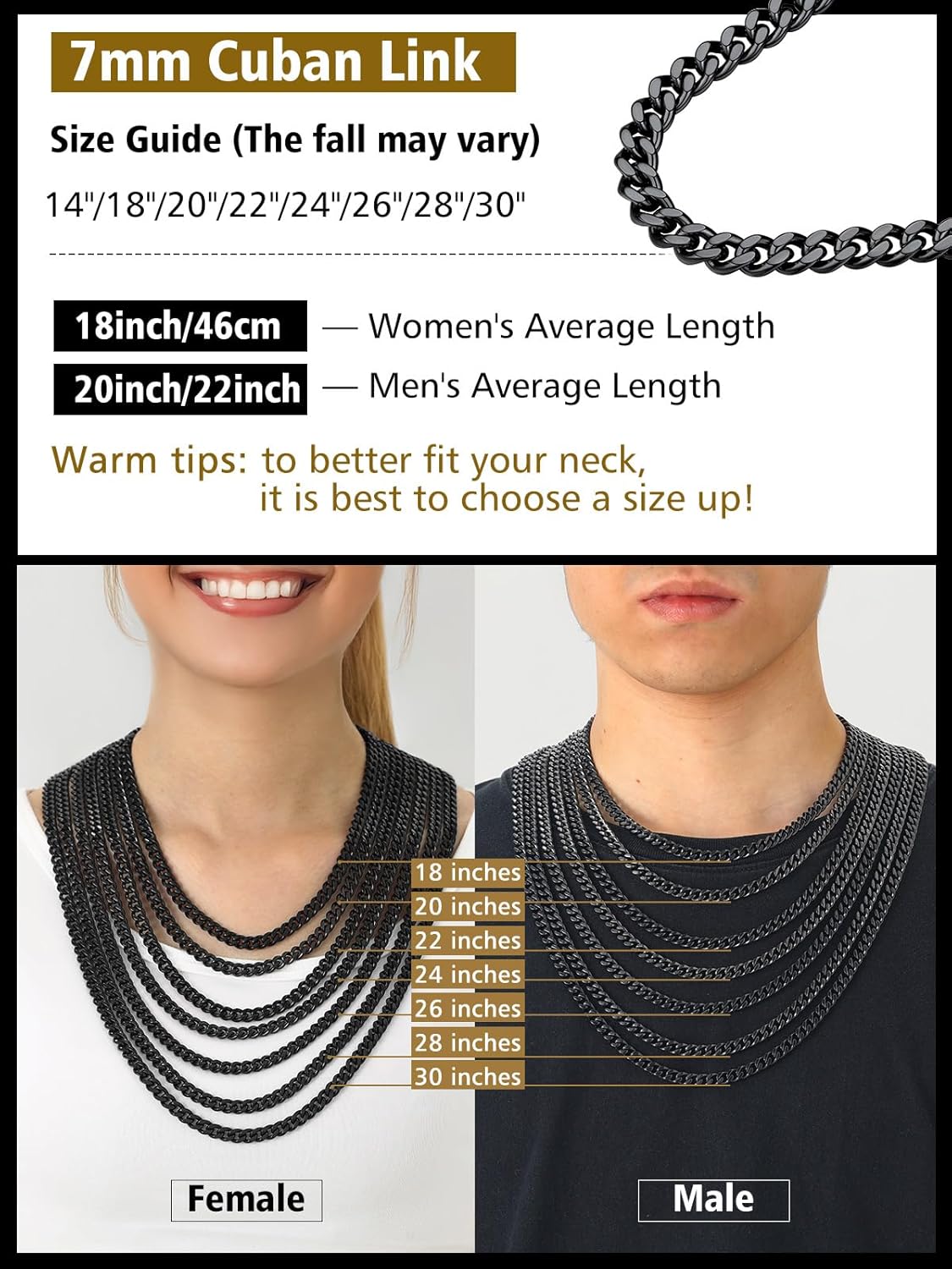 FindChic Sturdy Cuban Link Curb Chain Necklace for Men 18K Gold Plated/Stainless Steel/Black Hip Hop Chains for Women Boys 5MM 7MM 9MM 12MM 14''-30'' 8 Length Options, with Gift Box - Image 5