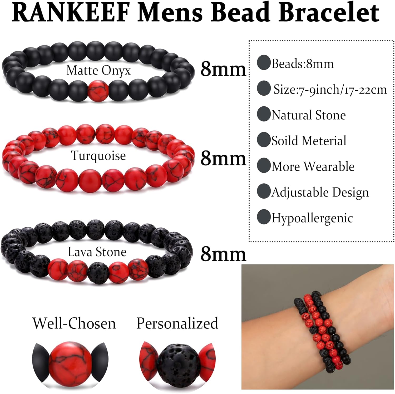 RANKEEF Mens Bead Bracelet Adjustable Elastic Rope Mens Bracelet Set 6&8MM Natural Stone Beads Multi-Colored Beads Bracelets Tiger Eye Bracelets Mens Gift - Image 3