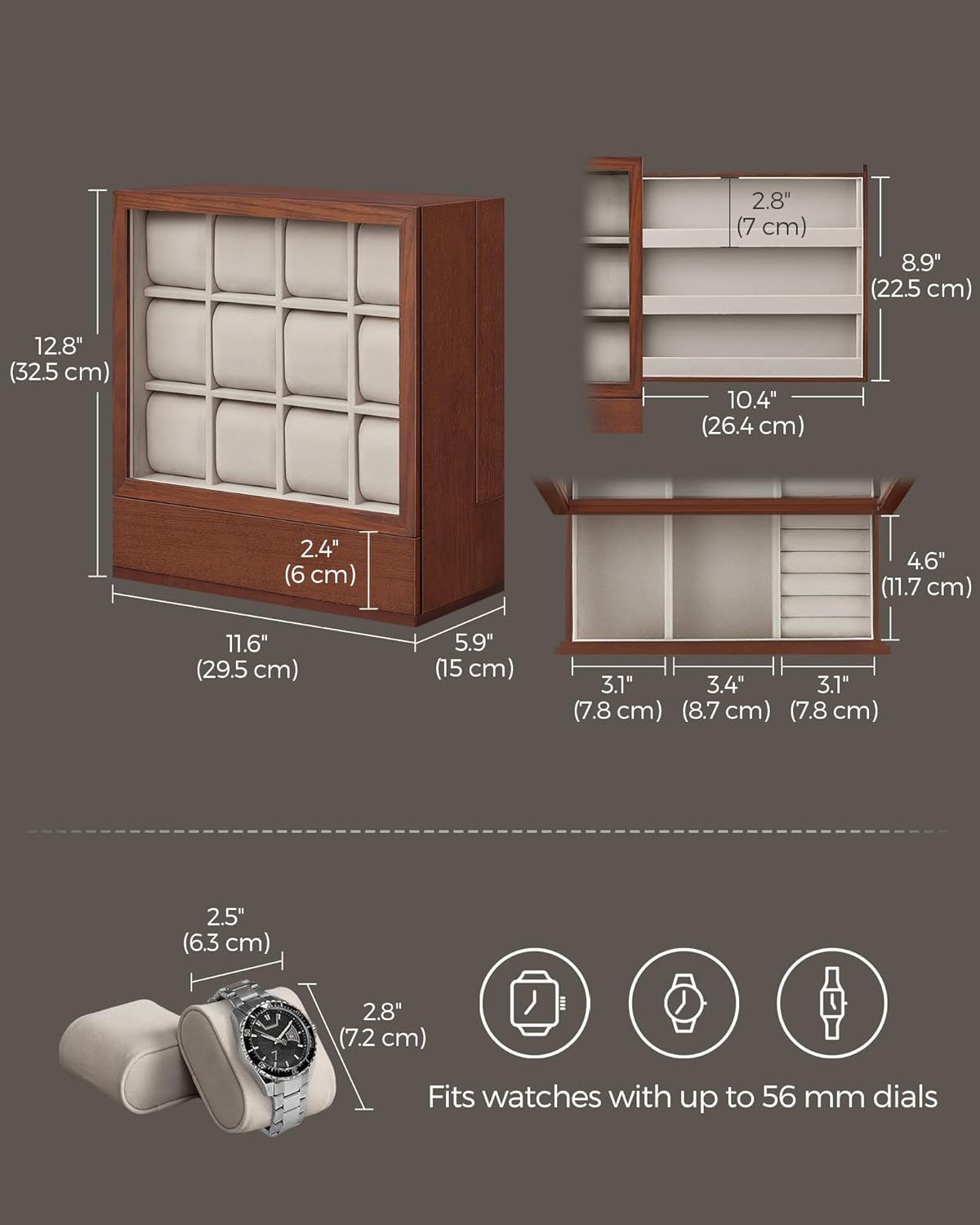 SONGMICS 12-Slot Wooden Watch Box, Watch Display Case with Window, Watch Display Cabinet, Coffee Brown UJOW014K01 - Image 5