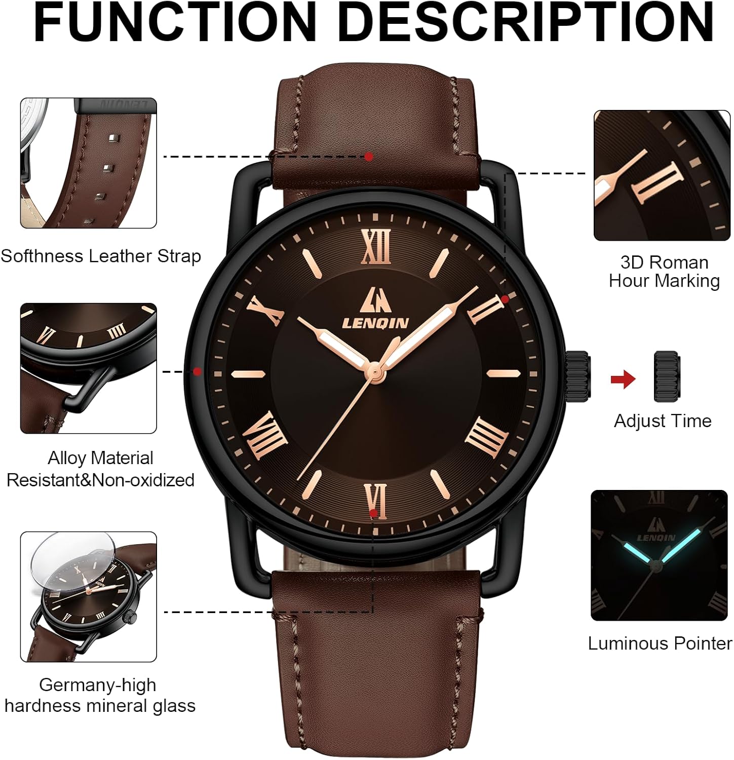 LN LENQIN Mens Watches Analog Quartz Watches Men 30M Waterproof Mens Wrist Watches Fashion Business Watches for Man Leather Watches - Image 7