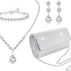 Subiceto 4 Pcs Silver Clutch Purse Jewelry Necklace Set for Women Evening Rhinestone Purse Silver Accessories for Women Bride Wedding Jewelry Subiceto 4 Pcs Silver Clutch Purse Jewelry Necklace Set for Women Evening Rhinestone Purse Silver Accessories for Women Bride Wedding Jewelry