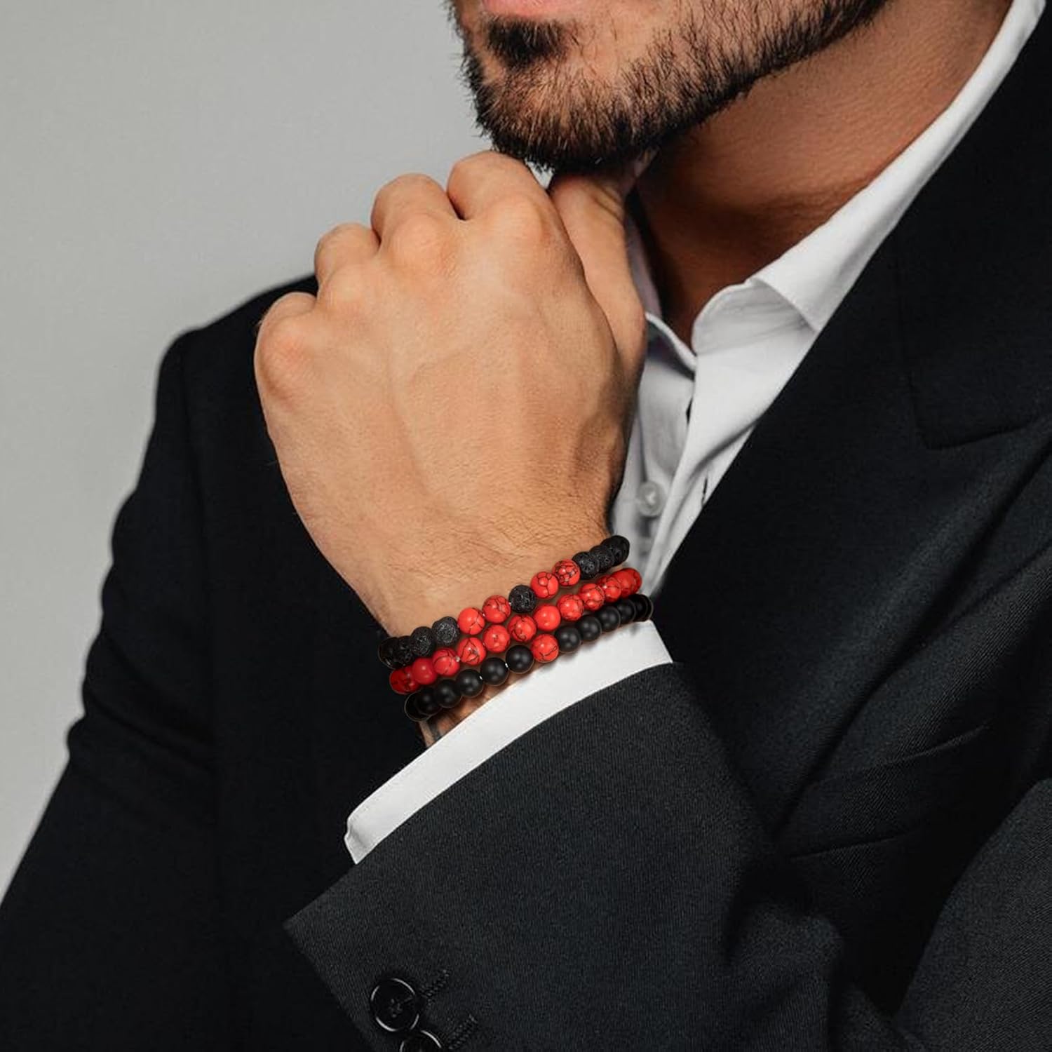 RANKEEF Mens Bead Bracelet Adjustable Elastic Rope Mens Bracelet Set 6&8MM Natural Stone Beads Multi-Colored Beads Bracelets Tiger Eye Bracelets Mens Gift - Image 2