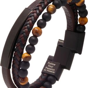 KC Premium Leather Beads Bracelet Men Engraved Inspirational Adjustable Magnetic Clasp Steel Wristband Braided Cuff Tiger-Eye Lava Rock Beaded Stone Bangle Gift for Him Black Brown Blue Silver