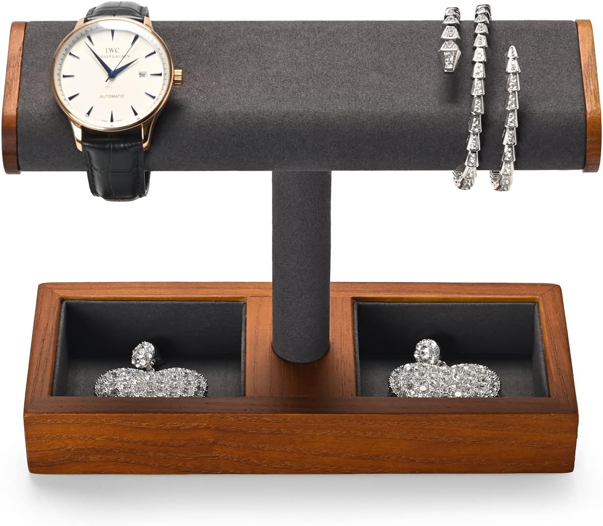 Woodten Solid Wood T-Bar Showcase, 2 In 1 Watch Display Stand Jewelry Display Organizer Holder for Watch Bracelet Cuffs Ring (Dark Grey) - Image 3