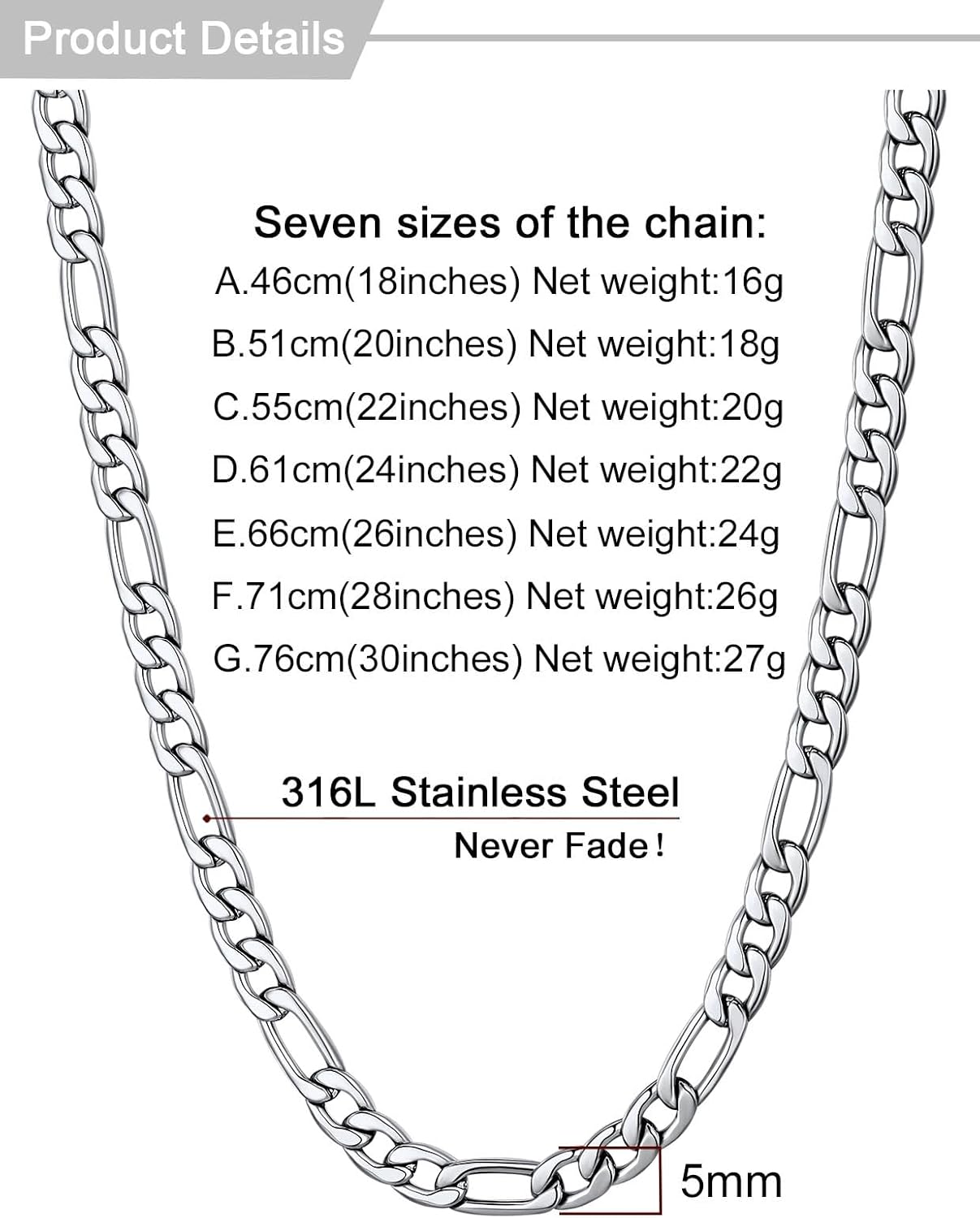 U7 Figaro Chain Necklace, Men's Stainless Steel/Black/Gold Chain 5MM Wide,18-30 Inch Available, Cool & Daliy Fashion Look for Men and Women… - Image 5