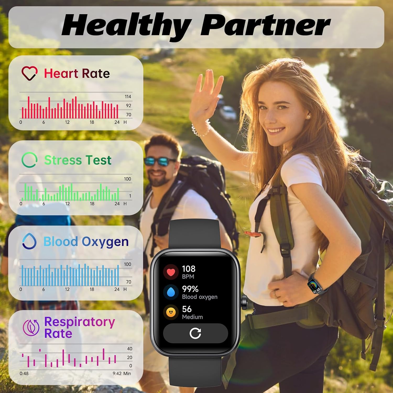 Smart Watch for Men Women 1.8" Fitness Tracker, Bluetooth Call, DIY Dial, Heart Rate Sleep Blood Oxygen Monitor, 100+ Sports Modes, IP68 Waterproof Smartwatch for Android iPhone, Alexa Built-in - Image 4