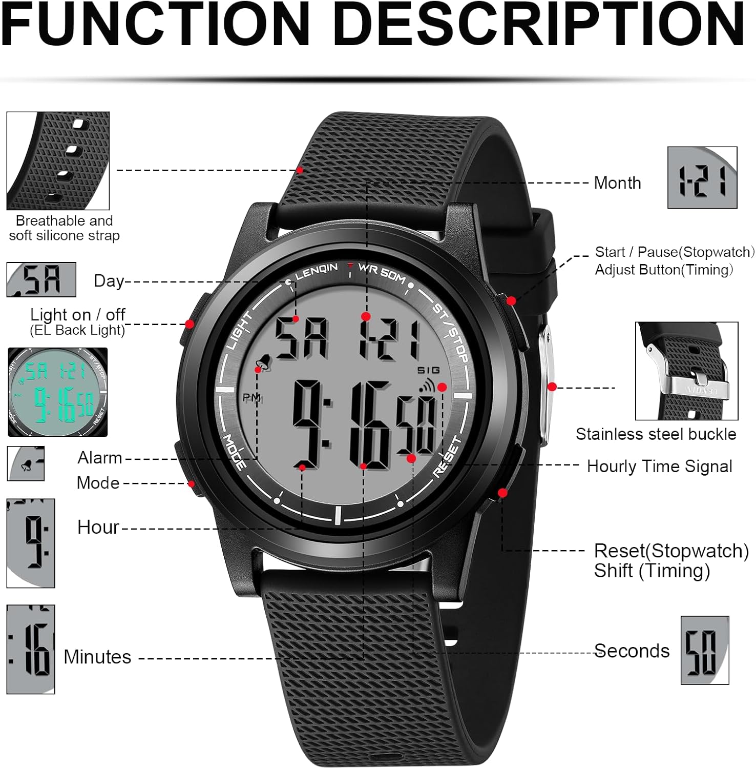 Mens Digital Sports Watch LED Screen Large Face Military Watches for Men Waterproof Casual Luminous Stopwatch Alarm Simple Army Watch Fashion Wrist Watch for Men - Image 5