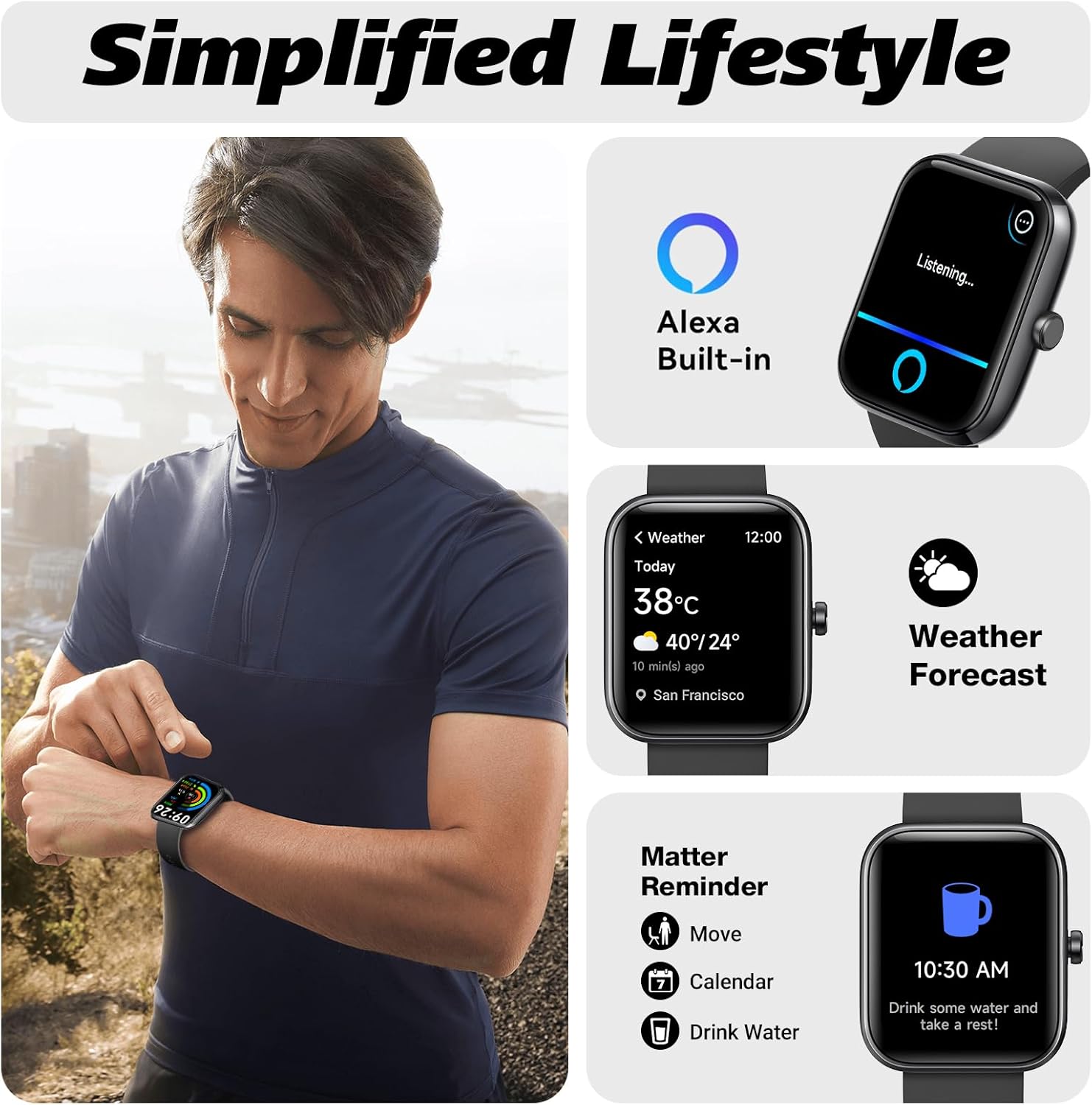 Smart Watch for Men Women 1.8" Fitness Tracker, Bluetooth Call, DIY Dial, Heart Rate Sleep Blood Oxygen Monitor, 100+ Sports Modes, IP68 Waterproof Smartwatch for Android iPhone, Alexa Built-in - Image 3