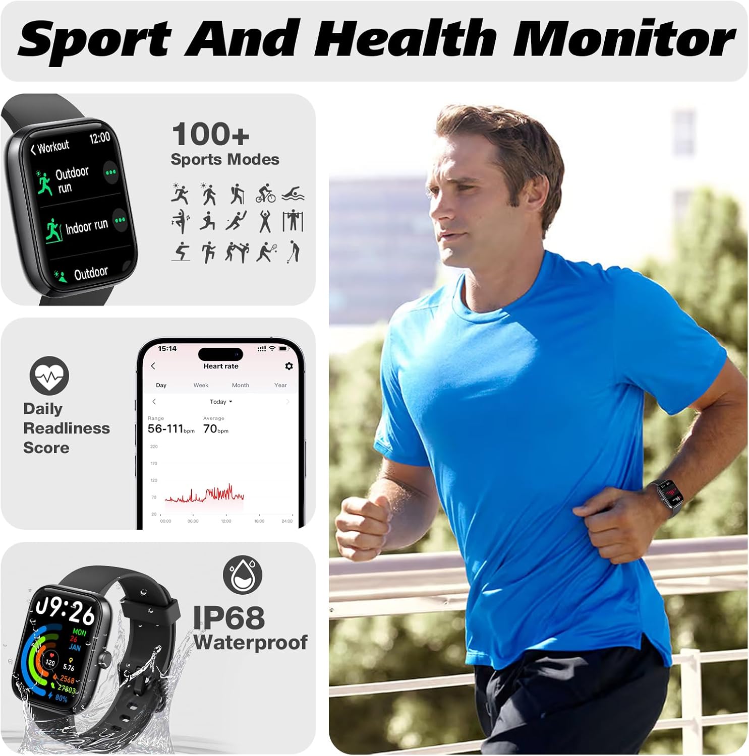 Smart Watch for Men Women 1.8" Fitness Tracker, Bluetooth Call, DIY Dial, Heart Rate Sleep Blood Oxygen Monitor, 100+ Sports Modes, IP68 Waterproof Smartwatch for Android iPhone, Alexa Built-in - Image 5