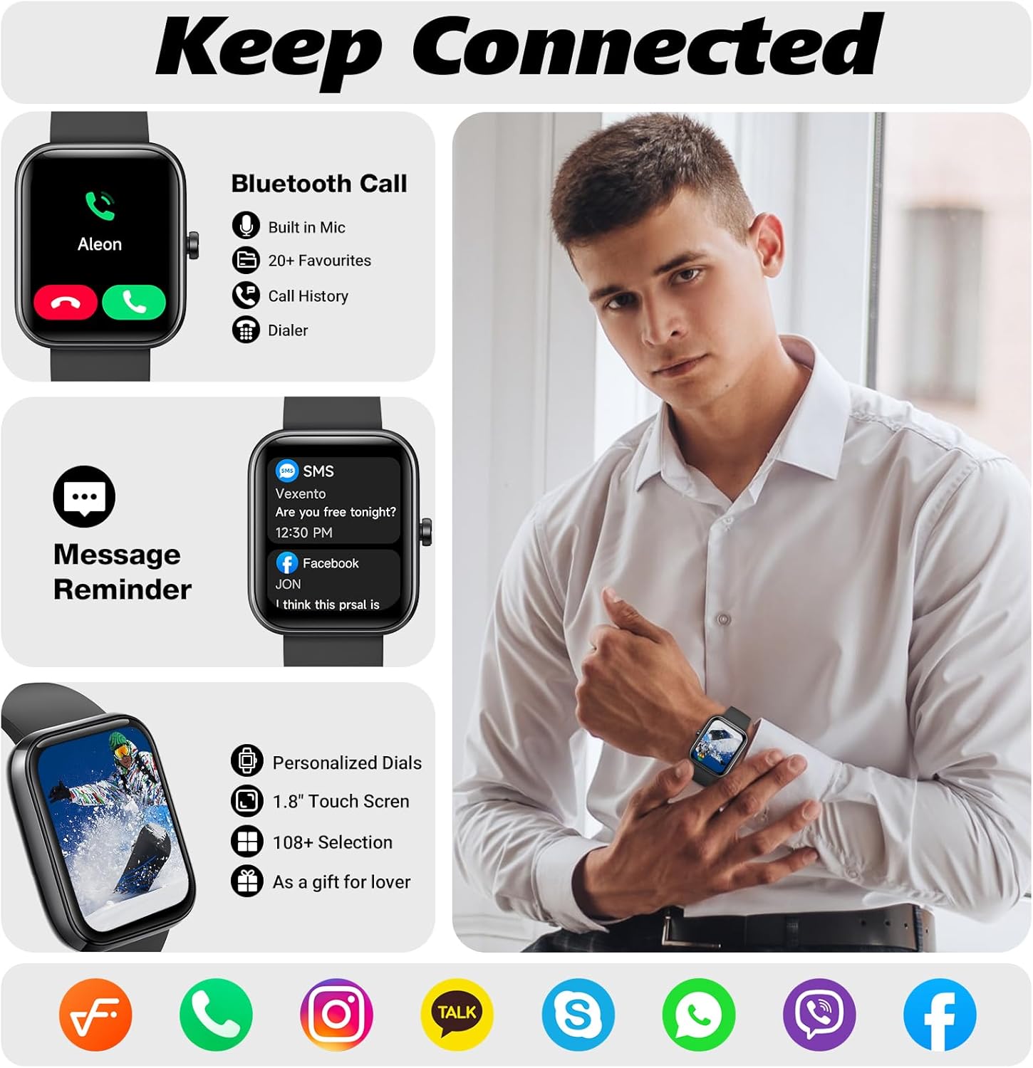 Smart Watch for Men Women 1.8" Fitness Tracker, Bluetooth Call, DIY Dial, Heart Rate Sleep Blood Oxygen Monitor, 100+ Sports Modes, IP68 Waterproof Smartwatch for Android iPhone, Alexa Built-in - Image 2