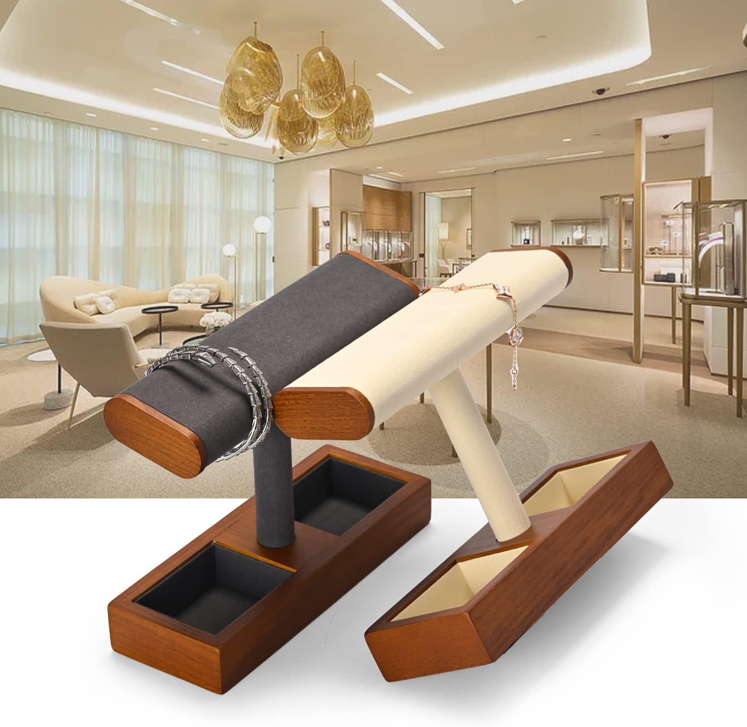 Woodten Solid Wood T-Bar Showcase, 2 In 1 Watch Display Stand Jewelry Display Organizer Holder for Watch Bracelet Cuffs Ring (Dark Grey) - Image 2